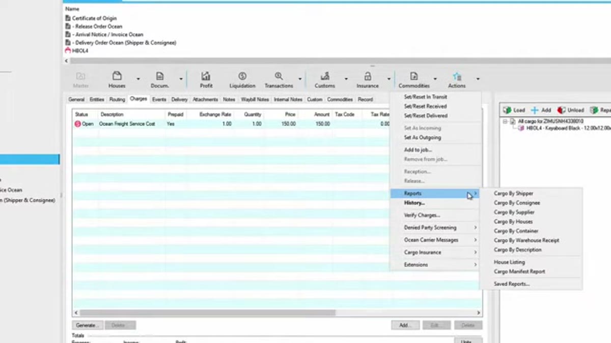Magaya Supply Chain shipment file showing generated documents including a house bill of lading (HBOL) and the Reports menu for cargo manifest and house listing, with the charges grid and Houses and Customs toolbar