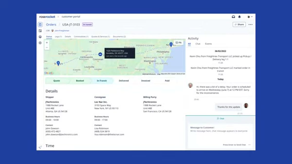 Rose Rocket order screen showing an in-transit shipment on a live route map, a quote-to-paid status bar, shipper and consignee details, and a customer activity feed