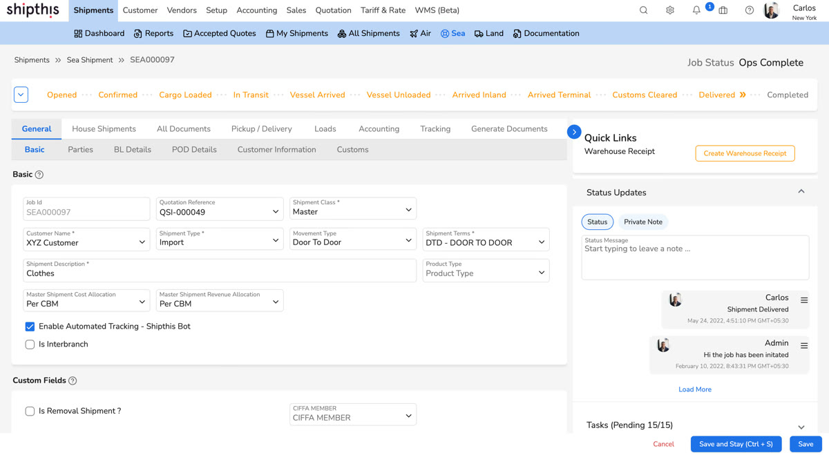 Shipthis sea shipment screen showing a job status pipeline from opened through in transit to delivered, a basic shipment details form, and a status-updates side panel with team comments